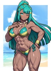 1girl ;) abs absurdres alluring aqua_bikini aqua_eyes aqua_hair athletic_female bare_arms bare_shoulders beach bead_necklace beads bikini blue_sky blush border bracelet cleavage closed_mouth commentary commission dark-skinned_female dark_skin day english_commentary female_abs female_focus fire_emblem fire_emblem:_fortune's_weave fit_female gluteal_fold hand_on_own_chest hand_on_own_hip high_ponytail highres intelligent_systems jewelry ko-fi_commission large_breasts long_hair looking_at_viewer matching_hair/eyes necklace nintendo ocean one_eye_closed outdoors ponytail rotomdocs sky smile solo standing stomach swimsuit thick_thighs thighs very_long_hair water white_border wink yellow_bikini