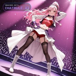 1girl ai_assisted ai_generated anime_coloring arm_behind_head black_hairband boots cleft_of_venus cropped_jacket detailed_vagina dynamic_angle dynamic_pose erect_nipples facing_viewer female_focus fire_emblem fire_emblem_awakening full_body garter_straps glossy_lips hand_on_own_hip legs_spread long_hair long_sleeves looking_at_viewer nude open_jacket pink_eyes pink_hair ponytail purple_choker purple_thighhighs red_shorts red_vest shading shadows shaved_vagina side_braids small_breasts smile solo solo_female spreading_legs standing thick_nipples tiny_breasts twin_braids white_footwear white_jacket white_skirt