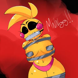 animatronic animatronic_female bar_gag beakless chicken chicken_girl covered_nipples female five_nights_at_freddy's five_nights_at_freddy's_2 fnaf gagged gagged_female naked naked_female phasianid robot robot_girl scottgames tape_on_nipples taped_nipples tied_up tied_up_female toy_chica_(fnaf) yellow yellow_skin