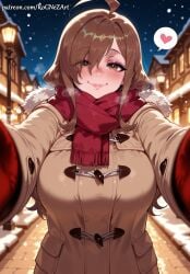 1girl 2026 ahoge ai_generated anime bangs blurry blush boobs breasts breath brown_coat brown_eyes brown_hair cleavage closed_mouth coat crossover eye_contact eyes_visible_through_hair female female_focus flushed fur_trim hair_over_one_eye heart highres huge_breasts kono_subarashii_sekai_ni_shukufuku_wo! konosuba lamppost large_breasts lips long_hair looking_at_viewer neutral_expression night night_sky nsfw outdoors outstretched_arms patreon pov red_scarf rognezart scarf sky smile smiling snow snowing solo spoken_heart upper_body very_long_hair winter winter_clothes winter_coat wiz_(konosuba)