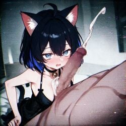 1boy 1girls ai_generated black_hair blue_eyes blue_hair blush blushing camera_view cat_ears cat_tail catgirl clothed clothing cum cumming ejaculation honkai_(series) honkai_impact_3rd horror interracial mouth_open seele_vollerei short_hair size_difference submissive submissive_female surprised surprised_expression vhs_filter