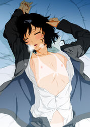 1boy areola areolae armpits black_hair blush clothing femboy flat_chest girly hair male male_only nipples on_back on_bed open_mouth shiny shiny_skin solo steins;gate sweat tagme tainline trap urushibara_luka urushibara_ruka wet