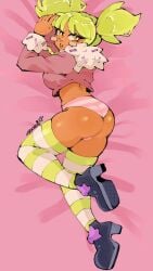 artist_request ass ass_focus ass_up brawl_stars butt green_hair high_heels hips lying lying_on_bed lying_on_side mandy_(brawl_stars) panties pink_panties striped_legwear tan_body thick_thighs thighhighs topwear twintails wide_hips