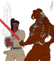 alien ass bulge clothed clothing duo erection erection_under_clothing eye_patch eyewear gay genital_outline gungan hi_res jar_jar_binks lightsaber male male/male male_only melee_weapon nude penis_outline simple_background sith_(species) skianous star_wars tenting weapon white_background