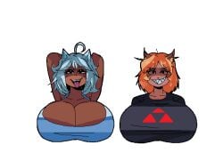 2girls blonde_hair boobs_bigger_than_head cat_ears huge_breasts humanoid logo silver_hair tagme ych ych_commission ykujo