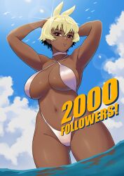 1girls arms_behind_head arms_up beach bell belly bikini bikini_bottom bikini_top black_body blonde_hair breasts choker dark-skinned_female dark_skin female female_focus female_only large_breasts oc orange_eyes original original_character original_characters posing_for_the_viewer saki_(sambalteracy) sambalteracy sky solo solo_female solo_focus thick_thighs thighs tomboy two-tone_body