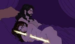 ah_yes._me._my_girlfriend. beard bed bedroom black_hair body_hair bolt breasts brunette brunette_hair facial_hair greek_mythology hera hera_(mythology) husband_and_wife long_hair married_couple mature mature_female mature_male on_bed sleep sleeping zeus zeus_(greek_mythology)