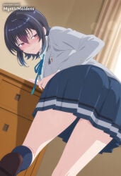 1girl ai_generated anime anime_style asanagi_umi ass black_hair blazer blue_ribbon blue_skirt blush brown_footwear class_de_2-banme_ni_kawaii_onnanoko_to_tomodachi_ni_natta closed_mouth from_behind grey_jacket hair_between_eyes hentai hi_res i_made_friends_with_the_second_prettiest_girl_in_my_class indoors jacket long_sleeves looking_at_viewer looking_back mystic_maidens neck_ribbon patreon pleated_skirt red_eyes ribbon school_uniform shirt shoes short_hair skirt socks solo umi_asanagi white_shirt