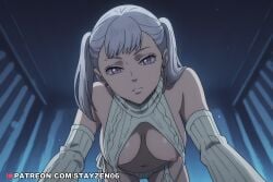 1girl ai ai_art ai_generated all_fours bare_shoulders black_clover breasts cable_knit curtains detached_sleeves earrings from_below garter_straps grey_hair hanging_breasts indoors jewelry large_breasts long_hair looking_at_viewer meme_attire navel night nipple_slip nipples noelle_silva panties pov purple_eyes ribbed_legwear ribbed_sleeves ribbed_sweater ribbed_thighhighs side-tie_panties sleeveless sleeveless_sweater sleeveless_turtleneck solo sweater turtleneck turtleneck_sweater twintails underwear virgin_destroyer_sweater white_garter_straps white_panties white_sleeves white_sweater window