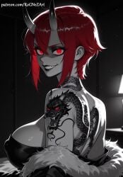 1girl 2026 ai_generated aizawa_tomo anime back_tattoo bangs bare_shoulders boobs breasts cleavage covered_nipples crossover demon_horns eye_contact female female_focus fur_trim glowing glowing_eyes grin hair_between_eyes highres horns huge_breasts jacket large_breasts looking_at_viewer looking_back nsfw off_shoulder oni_horns patreon red_eyes red_hair rognezart sharp_teeth short_hair sidelocks smile smiling solo spot_color tattoo teeth tomo-chan_wa_onna_no_ko upper_body