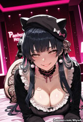 1girl ai_assisted ai_generated animal_ears bangs bed_sheet black_hair black_headwear blunt_bangs blush bow breasts brown_eyes choker cleavage collarbone curvaceous curvy curvy_female curvy_figure dress ear_piercing earrings eyebrows_visible_through_hair female frilled_choker frills gloves grin hat heart heart_earrings idolmaster indoors jewelry large_breasts lips long_hair looking_at_viewer mayuzumi_fuyuko miyuai parted_lips piercing pink_lips smile solo sweat thick thick_ass thick_butt thick_hips thick_legs thick_thighs underwear voluptuous voluptuous_female wide_hips wide_thighs