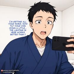 1boy ai_generated black_eyes black_hair cellphone english_text holding holding_phone indoors japanese_clothes male_focus mole mole_under_eye open_mouth phone shirt short_hair smartphone solo upper_body white_shirt