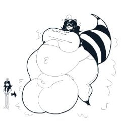 1futas balls belly boobs_bigger_than_head bulge furry huge_balls huge_breasts huge_nipples oc raccoon raccoon_ears raccoon_girl raccoon_humanoid raccoon_tail sequence tagme taller_female transformation ykujo