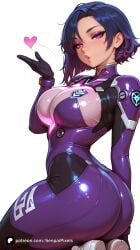 1girl ai_generated artist_name ass blizzard_entertainment blowing_kiss blue_hair blush bodysuit breasts d.mon gloves heart large_breasts lips looking_at_viewer overwatch overwatch_2 overwatch_league parted_lips patreon purple_eyes seiza senpai_pixels sensitive shiny short_hair simple_background sitting skin_tight solo white_background