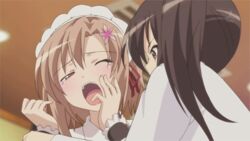 2girls animated blush boku_wa_tomodachi_ga_sukunai brown_eyes brown_hair female femdom fingering hair_ornament kusunoki_yukimura labcoat lowres maid maid_headdress multiple_girls open_mouth shiguma_rika short_hair side_ponytail tear yuri