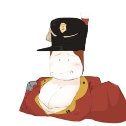 background_character barry_(guts_and_blackpowder) big_boobs big_breasts blush ginger_hair guts_&_blackpowder guts_and_blackpowder male_character male_with_breasts military_uniform npc simple_background sweat sweatdrop uncomfortable white_background yanitheone