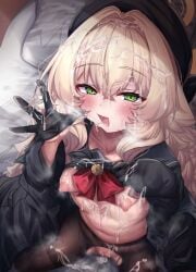 1girl beret black_coat black_hat black_pantyhose black_sailor_collar black_serafuku blonde_hair blue_archive bow bowtie breasts bukkake clothes_lift coat commentary_request crotchless crotchless_pantyhose cum cum_on_body cum_on_breasts cum_on_clothes cum_on_hair cum_on_hands cum_on_legwear cum_string facial fluffy_hair green_eyes hair_intakes halo hat long_hair looking_at_viewer open_mouth pantyhose professor_niyaniya_(blue_archive) red_bow red_bowtie sailor_collar school_uniform serafuku shiki_(catbox230123) sitting wariza yellow_halo