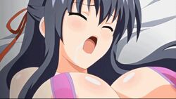 animated bikini black_hair blue_eyes blush bounce bouncing_breasts breasts cleavage erect_nipples female hiiragi_aki large_breasts long_hair lowres moaning open_mouth pink_bikini pink_swimsuit saliva sex shiny shiny_skin sling_bikini solo wanna_spartansex_spermax!!!