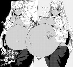 1girls big_belly big_breasts black_and_white bruhemperor cleavage dark_skin dialogue female goddess looking_at_viewer marie_hankinton open_shirt right_to_left stomach_bulge tagme twintails vore vore_belly white_hair