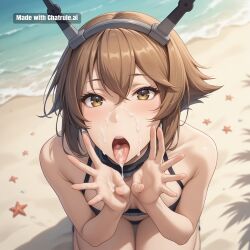 1girl ai_assisted ai_generated awaiting_cum beach black_headgear brown_eyes brown_hair city cowboy_shot cum_in_hair cum_on_face cum_on_hands fellatio_gesture full_body headgear kantai_collection kneeling mutsu_(kantai_collection) naked open_mouth oral_invitation short_hair source_anime tongue_out view_from_above