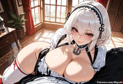 1girl ai_assisted ai_generated anchor_choker azur_lane bangs blush breasts choker cleavage closed_mouth collarbone curtains curvaceous curvy curvy_female curvy_figure day eyebrows_visible_through_hair female frilled_choker frills hair_between_eyes hairband indoors lace-trimmed_hairband large_breasts lips looking_at_viewer miyuai plant potted_plant puffy_short_sleeves puffy_sleeves red_eyes ribbon-trimmed_legwear ribbon_trim short_hair short_sleeves sidelocks sirius_(azur_lane) smile solo thick thick_ass thick_butt thick_hips thick_legs thick_thighs thighhighs thighs voluptuous voluptuous_female white_hair white_legwear wide_hips wide_thighs window