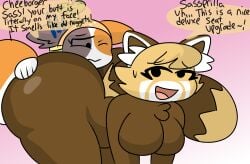 2d 2d_(artwork) 2girls ass ass_focus ass_in_face big_ass big_breasts black_eyes cat cheezborger_(chikn_nuggit) chikn_nuggit dialogue female female_focus female_only image light_brown_body pink_background red_panda sassparilla_(chikn_nuggit) smirk tagme uncomfortable white_skin