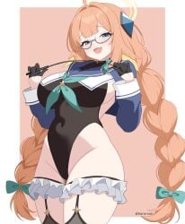 1girls 2026 cute female glasses hi_res legwear leotard looking_at_viewer looking_back shimiko_(blue_archive) solo