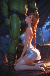 ai_generated anna_(frozen) campfire camping disney disney_princess frozen_(film) frozen_2 kneeling orc orc_male ready_to_fuck