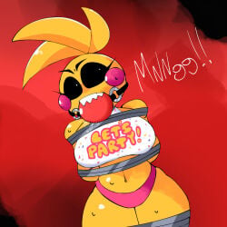 animatronic animatronic_female ball_gag beakless chicken chicken_girl female five_nights_at_freddy's five_nights_at_freddy's_2 fnaf gagged gagged_female phasianid robot robot_girl scottgames tied_up tied_up_female toy_chica_(fnaf) yellow yellow_skin