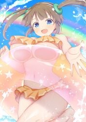 betterthanbone2 blush cute fang happy huge_breasts looking_at_viewer minori_(senran_kagura) outstretched_hand senran_kagura smile twitter_username underboob
