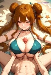 1girl ai_assisted ai_generated beach big_boobs brown_eyes brown_hair cock_between_boobs cum_eruption cum_explosion cumshot hair_bun hair_ornament long_hair love paizuri sand shiny_boobs straddling_paizuri titfuck titjob twintails