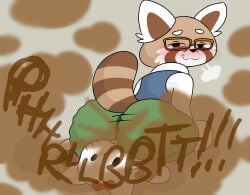 2d 2d_(artwork) aggressive_retsuko ass ass_focus big_ass black_eyes blush blushing bow brappycatty facesitting fart fart_fetish farting farting_on_object glasses gray_background green_pants heavy_breathing hello_kitty_(character) jacket light_brown_body male male_focus male_only older_male plushie retsuko's_father sanrio sitting sitting_on_plushie sunniefunnie tagme yellow_nose