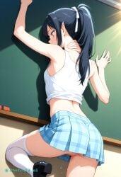 1girl against_wall ai_assisted ai_generated anime_coloring anime_screencap black_hair chalkboard checkered_skirt doggy_style doggy_style_sex dripping_pussy facing_forward forced from_behind hand_on_back hand_on_neck head_turned looking_away looking_away_from_viewer looking_forward midriff navel no_panties petite_girl shimizu_kiyoko