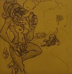 1girls anthro female furry monkey park public_nudity sildre sweat tagme traditional_art traditional_media_(artwork)