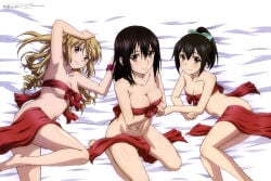 10s 3girls absurdres aiba_asagi akatsuki_nagisa armpits barefoot black_hair blonde_hair bound breast_lift breasts feet furukawa_hideki highres himeragi_yukina lying multiple_girls naked_ribbon official_art ribbon strike_the_blood