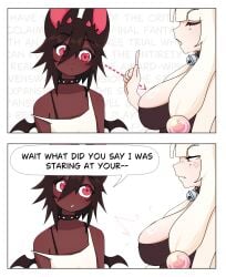 2girls 2koma anger_symbol anger_vein angry angry_symbol animal_ear_fluff animal_ears annoyed annoyed_expression bat_ears bat_girl bat_wings batcat_(blairevt) black_collar black_hair blairevt breasts bursting_breasts cat_bell catbat_(blairevt) dark-skinned_female dark_skin dialogue english english_text female female_only from_side hair_bobbles hair_ornament horns huge_breasts humanized large_breasts looking_at_another's_breasts looking_at_breasts meme motion_lines narrowed_eyes off_shoulder personification pink_eyes short_hair skindentation small_breasts speech_bubble spiked_collar text white_hair wings