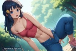 1girl 8k absurd_res accessories ai_assisted ai_generated beautiful black_hair blue_eyes close_up cowboy_shot crop_top dawn_(pokemon) depth_of_field face_focus fingering high_detail high_res hires jeans jeans_down legs_open lights_off lipstick looking_at_viewer looking_back_at_viewer masturbating midriff moaning model_pose narrow_waist nature nip_slip open outdoors parody perfect_anatomy perky_nipples pinup posing pubic_hair pussy_exposed realistic solo source_anime squatting upper_body