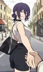 1girls ai_generated chainsaw_man choker date green_eyes holding_hands kyoru189 light-skinned_female light_skin long_hair looking_at_viewer looking_back male_pov mature_female purple_hair reze_(chainsaw_man) shiny shiny_skin shirt short_hair short_sleeves shorts smile solo solo_female