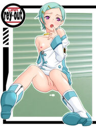 aqua_hair arm_support blush boots breast_slip breasts censored choker dress dress_lift eureka eureka_seven eureka_seven_(series) female finger_to_mouth footwear hair_ornament hairclip long_sleeves looking_away looking_up nipples no_bra no_panties off_shoulder open_mouth purple_eyes pussy ray=out saliva short_hair sitting small_breasts solo toes