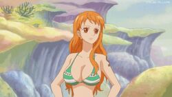 16:9 1girls adjusting_hair animated animated_gif approximated_aspect_ratio arm_tattoo armpits arms_up bare_shoulders bikini bikini_top bracelet breasts cleavage closed_eyes earrings female female_only gif hourglass_figure jewelry large_breasts long_hair lowres nami nami_(one_piece) navel one_piece orange_hair outdoors pirate post-timeskip red_eyes screenshot sideboob solo standing striped_bikini tattoo upper_body