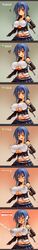 1girls big_breasts blue_eyes blue_hair blush breast_expansion breasts cleavage clothed clothing comic elbow_gloves erect_nipples erection_under_clothes female getting_erect huge_breasts knife lactation lactation_through_clothes large_breasts microskirt milk miniskirt nipple_bulge nipples open_mouth sachito sequential skirt solo surprised weapon