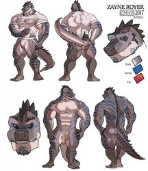 1boy 2017 5_toes abs anthro back_muscles balls barefoot biceps big_muscles biped blue_scales blue_stripes blue_tail bottomless carcharodontosaurus character_name clothed clothing color_swatch digital_media_(artwork) dinosaur feet flaccid grey_scales grey_tail grin hand_on_hip hi_res humanoid_feet humanoid_penis jockstrap kalchivo looking_at_viewer male male_only model_sheet multicolored_scales multicolored_tail muscular muscular_male navel nude pecs penis pepsi_(fa) plantigrade purple_eyes quads scales scalie security shirt simple_background smile solo standing striped_scales striped_tail stripes t-shirt teeth toes uncut underwear vein veiny_penis walkie_talkie white_background white_bottomwear white_clothing white_scales white_shirt white_tail white_topwear white_underwear zayne_royer