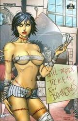 anne_(screwed) blue_hair breasts covered_nipples looking_at_viewer mystic-oracle screwed_zenescope short_hair thighs tyler_kirkham yellow_eyes zenescope zombie_girl