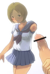 blush brown_eyes brown_hair censored penis sailor_fuku school_uniform tear