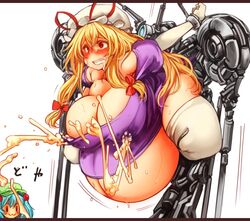 bondage breasts cleavage cum_inflation erect_nipples gigantic_breasts huge_belly inflation lactation nitori_kawashiro ready_to_pop sachito touhou yukari_yakumo