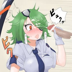 blush breasts eye_patch facial gloves green_hair hair_over_one_eyes necktie otonashi_kiruko penis shinmai_fukei_kiruko-san sword weapon yellow_eyes