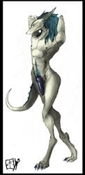 1boy 2013 4_toes anthro claws digitigrade dragon hair lethal_doors long_legs male male_only mane muscles nipples nude penis plain_background scalie solo stretching toes