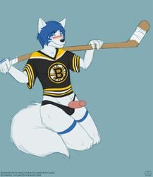 1boy anthro black_nose blue_hair blush boston_bruins canine erection fluffy_tail fur furry hair hockeywolf humanoid_penis kneeling male male_only olympiaxylaige penis presenting smile solo sport suggestive underwear white_hair wolf