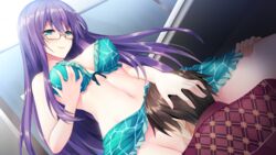 bikini black_hair blush breast_hold breasts brown_hair bug_system censored cunnilingus daichi_shoutarou game_cg glasses green_eyes haze_man_-_the_local_hero_- kyou_(kurifuto) long_hair male mikazuki_touko navel purple_hair pussy short_hair swimsuit