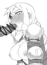 agrias_oaks blush braid breasts breasts_out censored elbow_pads fellatio female final_fantasy final_fantasy_tactics final_fantasy_tactics_(original) full-face_blush heavy_breathing large_breasts long_hair monochrome nipples oral pauldrons penis pointless_censoring saliva single_braid tongue tsukudani_(coke-buta)